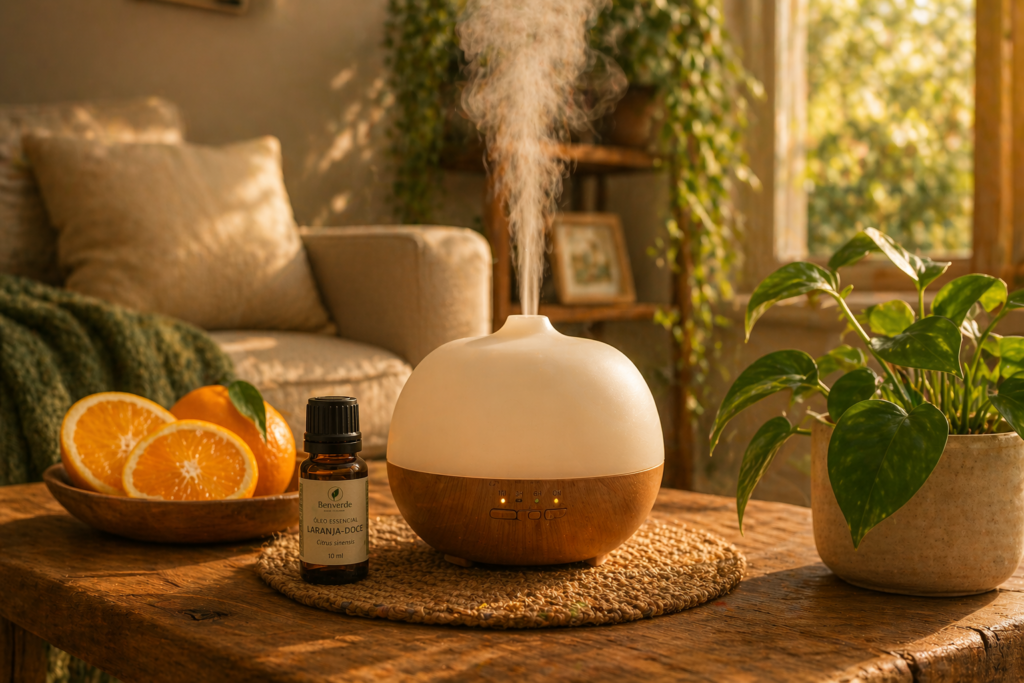 difusor de óleo essencial com vapor em ambiente acolhedor com luz natural