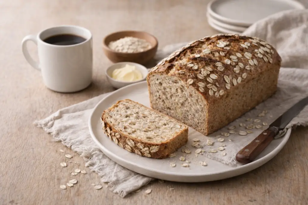 Pão funcional de aveia servido com café em mesa simples e acolhedora