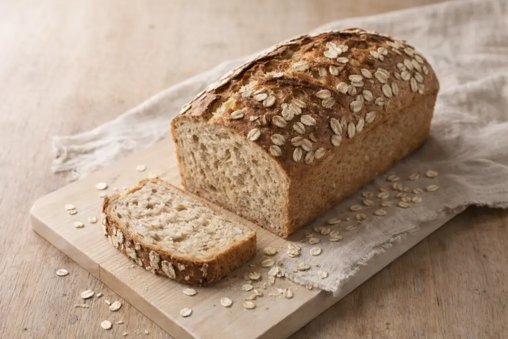 Pão funcional de aveia caseiro com fatia cortada em mesa clara