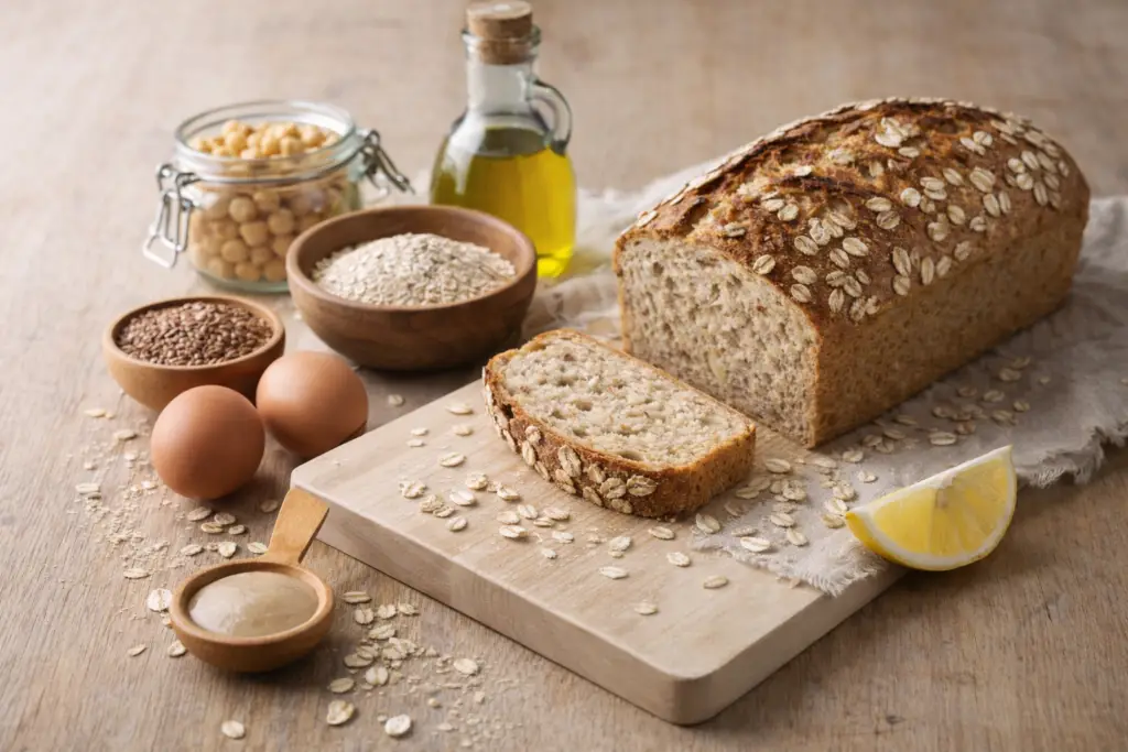 Ingredientes simples para pão funcional de aveia com pão pronto ao fundo