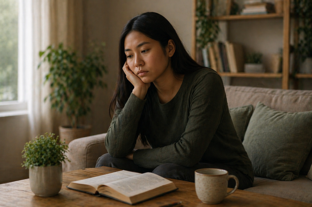 mulher sentada no sofá com olhar distante