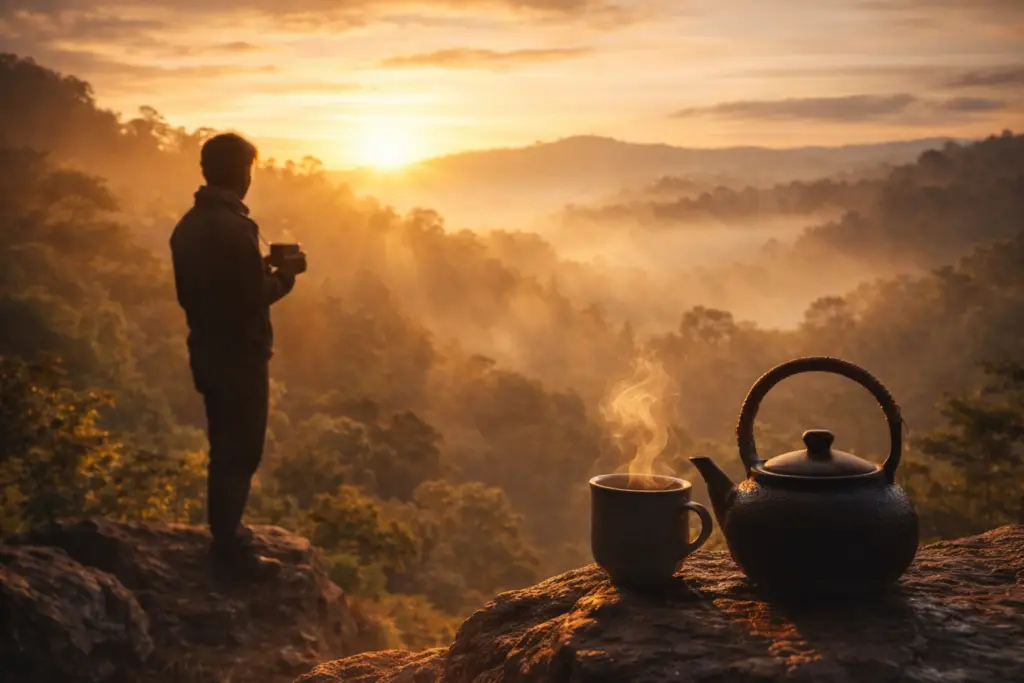 Pessoa contemplando o nascer do sol na natureza com uma xícara de chá, em um cenário de montanhas e névoa