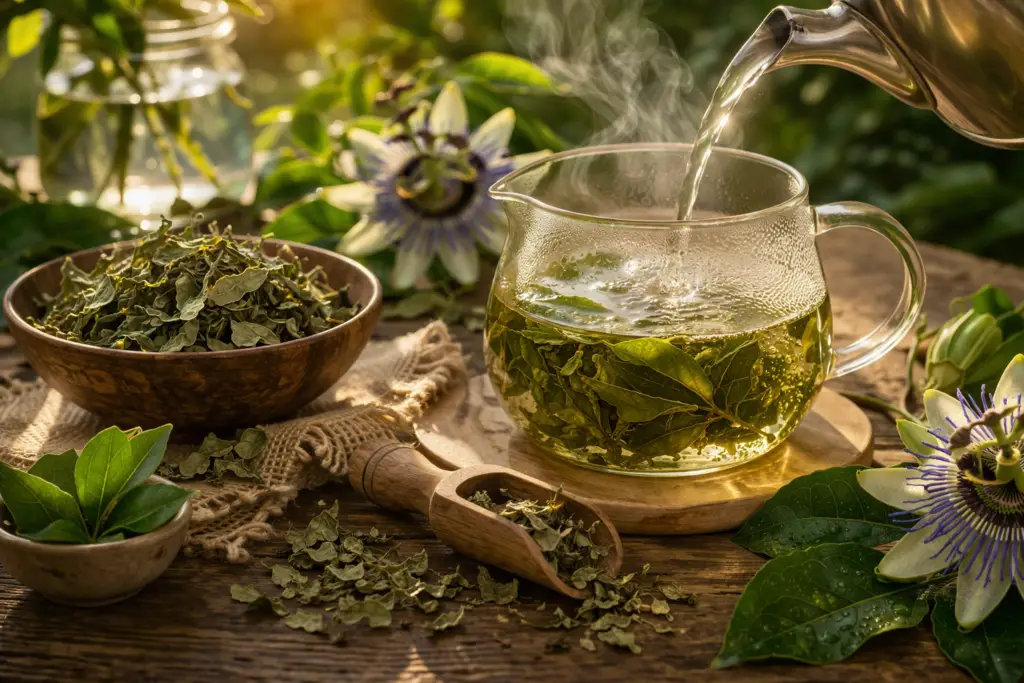 Chá de maracujá: para que serve, como fazer e quando tomar | Benverde Preparo do chá de maracujá – folhas em infusão