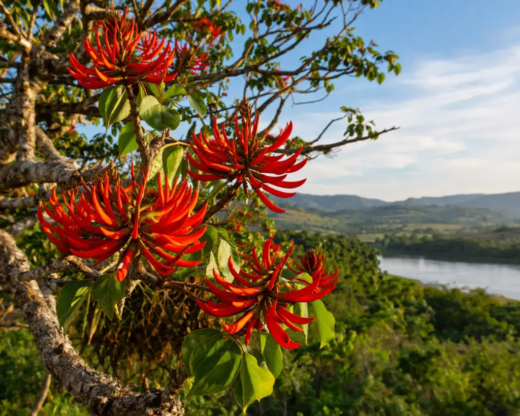 flores vermelhas do mulungu na árvore em ambiente natural com paisagem ao fundo