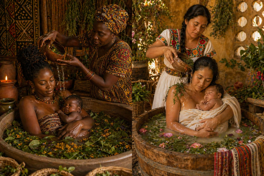 Rituais de banho de ervas no pós-parto em culturas africanas e latino-americanas com mãe e bebê em ambiente natural