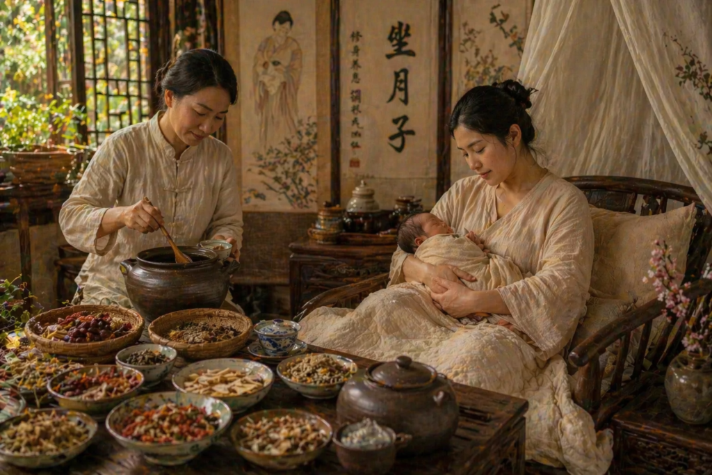 Mãe em repouso com bebê enquanto ervas medicinais são preparadas em ambiente tradicional chinês