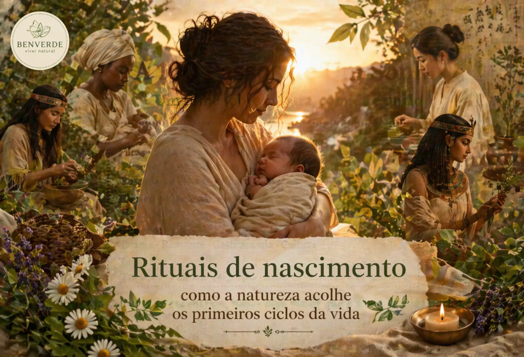 Rituais de nascimento: mãe segurando bebê envolta pela natureza em cena simbólica de acolhimento e início da vida