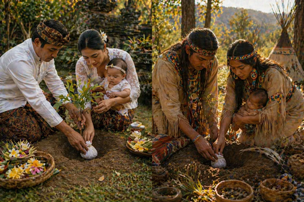 Famílias enterrando o cordão umbilical próximo a uma planta em ritual simbólico de conexão com a natureza