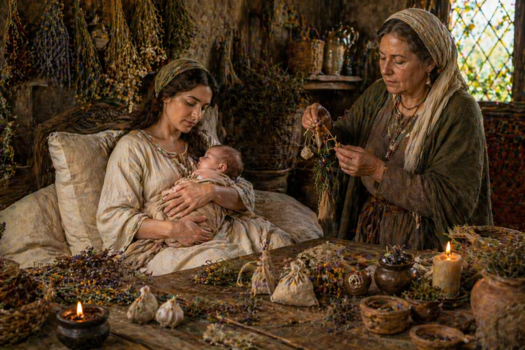 Mulher preparando amuletos com ervas e flores para proteção de bebê em ambiente rústico europeu antigo