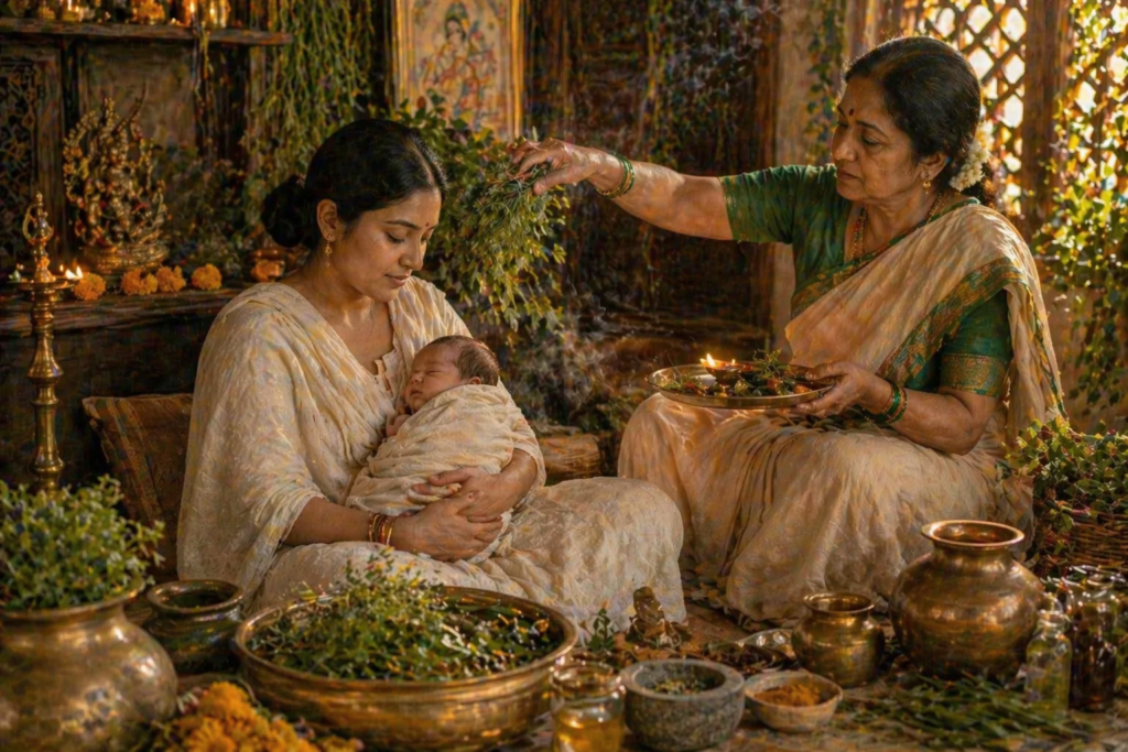 Ritual tradicional indiano com ervas sendo utilizadas para proteção espiritual de mãe e bebê