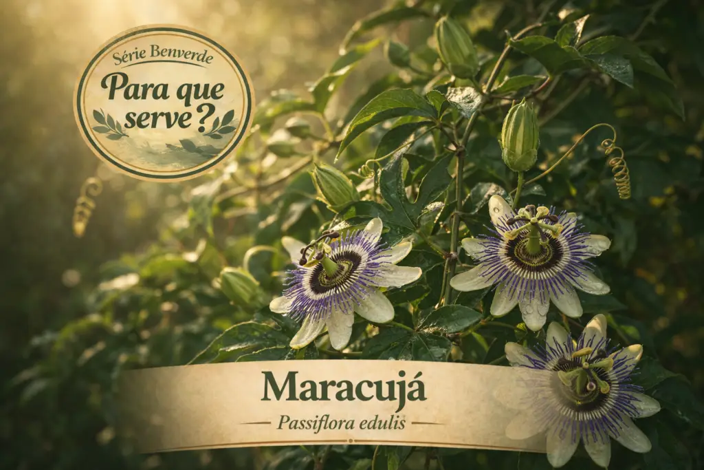 Para que serve o maracujá? Benefícios, usos e como utilizar no dia a dia | Benverde Planta de maracujá com flores (Passiflora edulis) em ambiente natural com selo “Para que serve”
