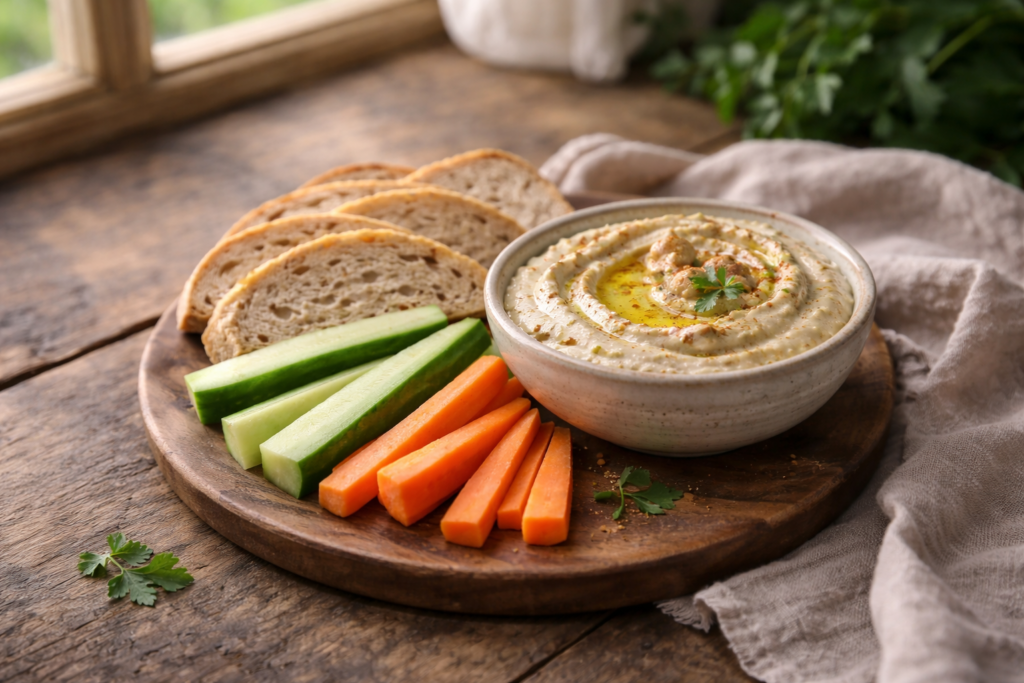 Lanches e petiscos saudáveis com pasta vegetal, pão artesanal e vegetais frescos em mesa rústica