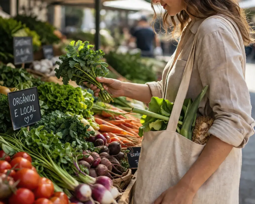 pessoa escolhendo alimentos frescos em feira com sacola reutilizável