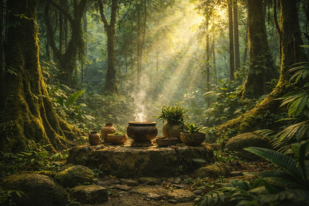 Rituais de cura: altar simples com ervas e recipientes naturais iluminado por raios de sol na floresta