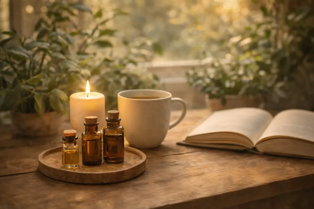 óleos essenciais para ansiedade: Óleos essenciais, chá quente, vela acesa e livro em ambiente acolhedor com luz suave