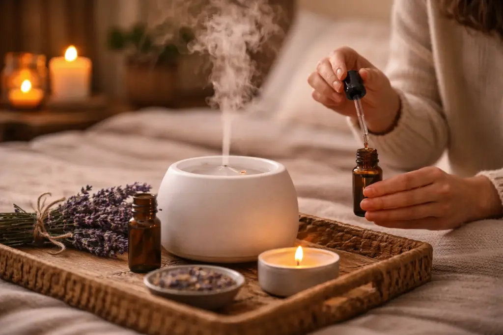 mãos pingando óleo essencial de lavanda em difusor com vapor e vela ao fundo