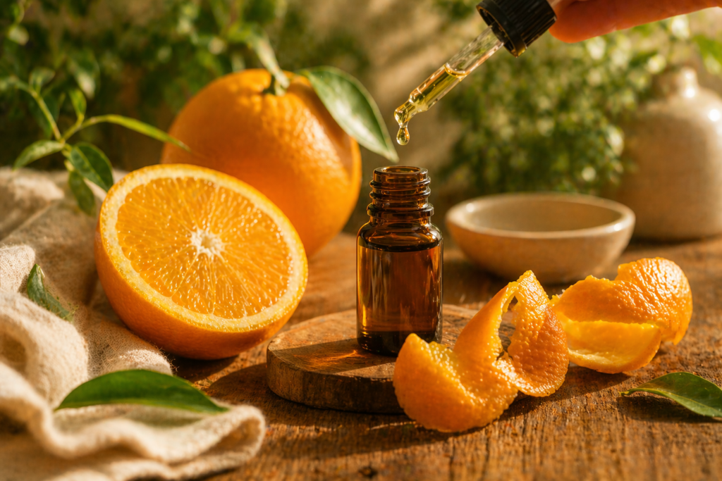 gota de óleo essencial sendo aplicada com laranja fresca ao fundo