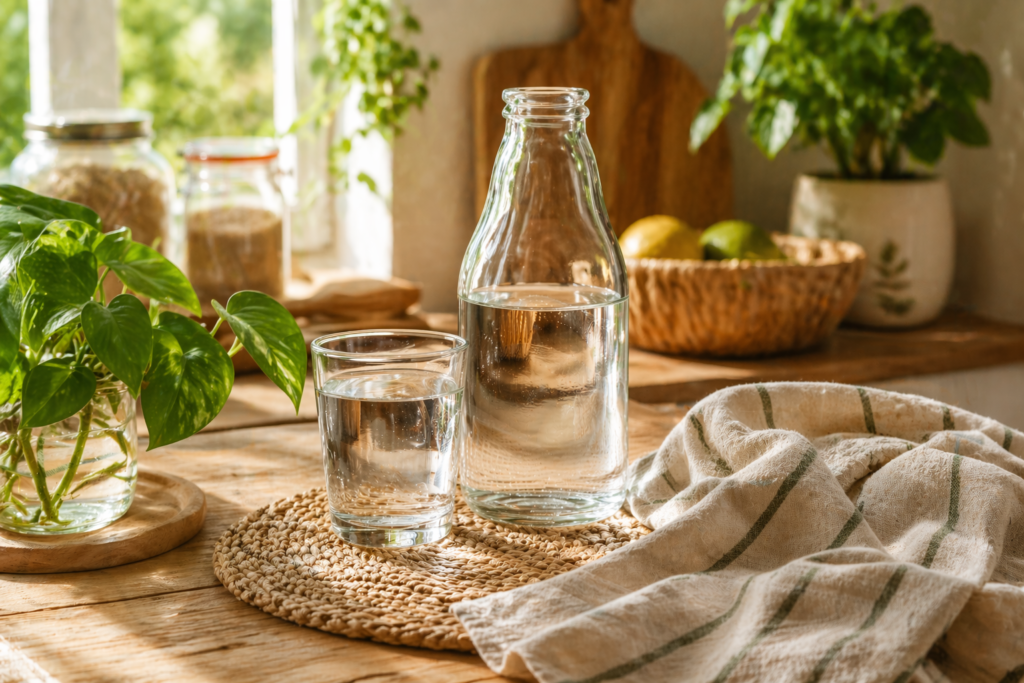 garrafa de vidro e copo com água em ambiente iluminado e natural