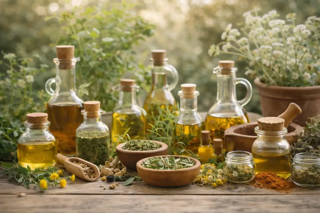 Frascos com extratos naturais e ervas medicinais organizados em bancada rústica