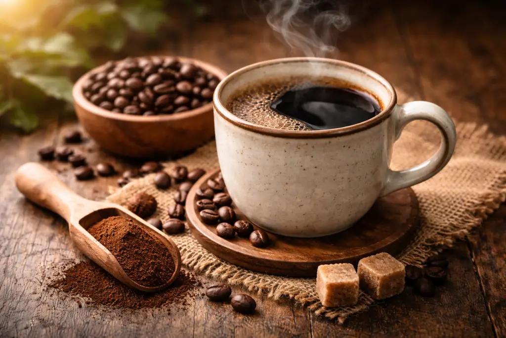 benefício do café: café quente em xícara com vapor em ambiente natural