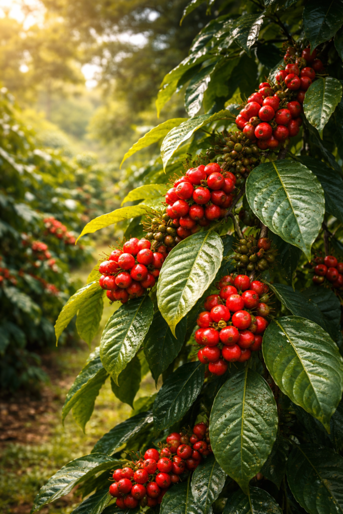 planta de café com frutos vermelhos em ambiente natural