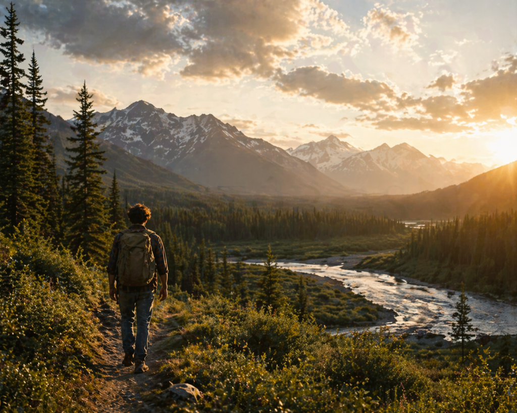Pessoa caminhando sozinha em trilha na natureza com montanhas e rio ao fundo em luz dourada