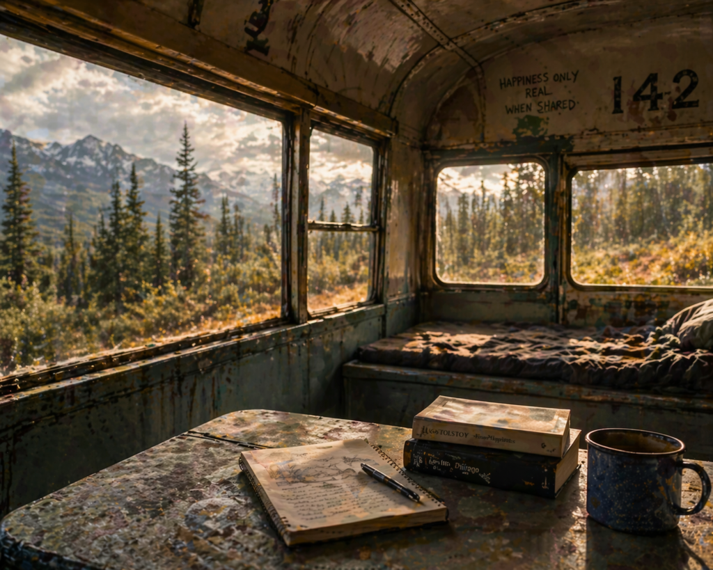 Interior simples de abrigo na natureza com caderno e vista para montanhas ao fundo