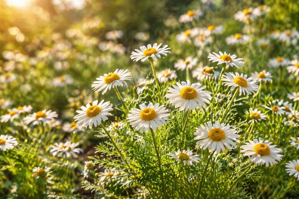 Flores de camomila em campo natural iluminado por luz suave