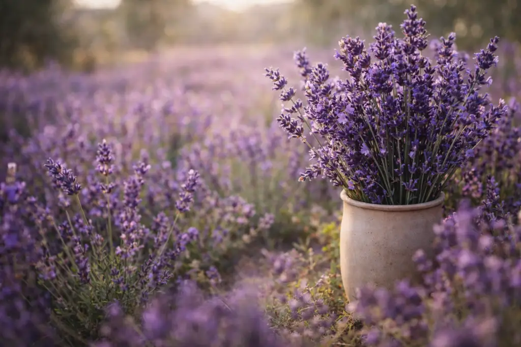 flores de lavanda em vaso com frasco de óleo essencial sobre tecido neutro
