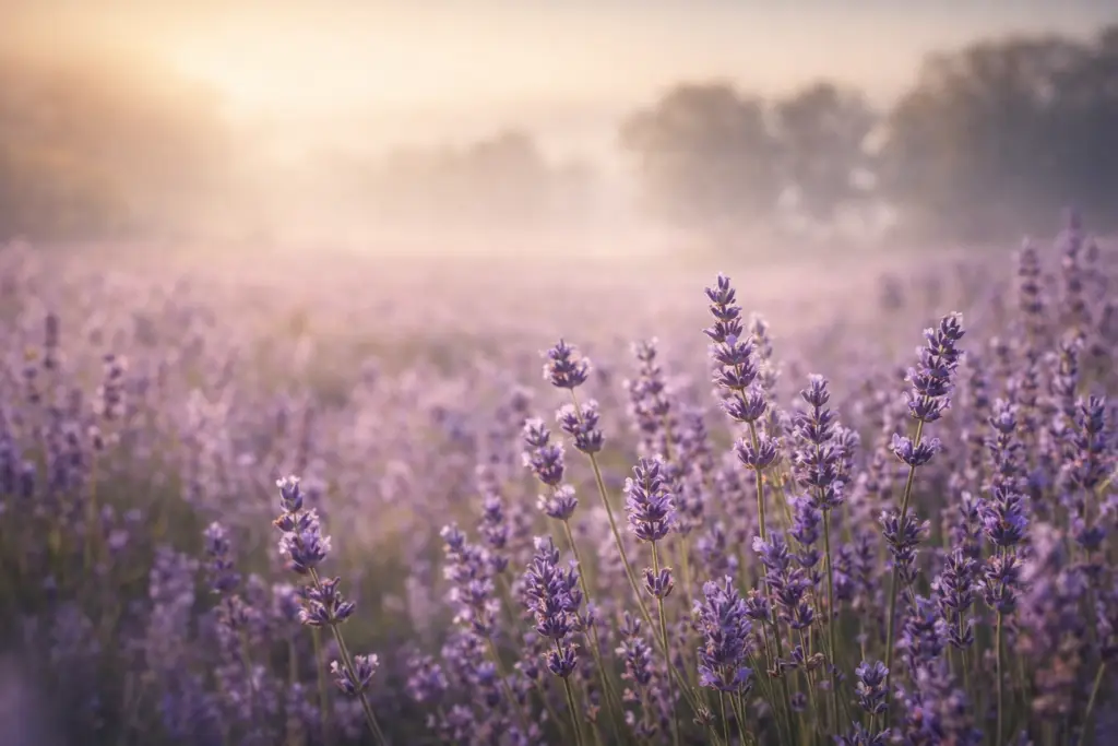 Campo de lavanda com flores roxas em luz suave e atmosfera tranquila