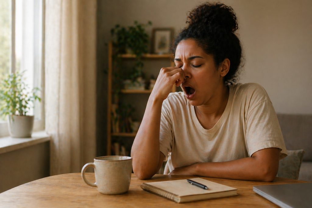 mulher cansada em ambiente doméstico com expressão de exaustão leve