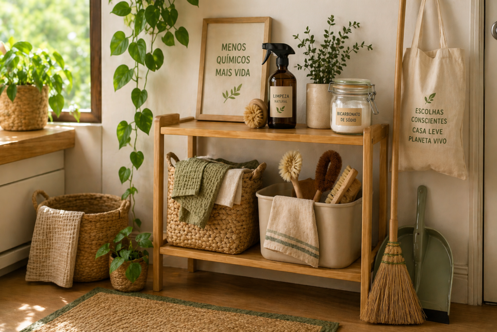Produtos ecológicos de limpeza: casa sustentável sem agredir o meio ambiente | Benverde organização de produtos de limpeza ecológicos em ambiente doméstico com fibras naturais e plantas