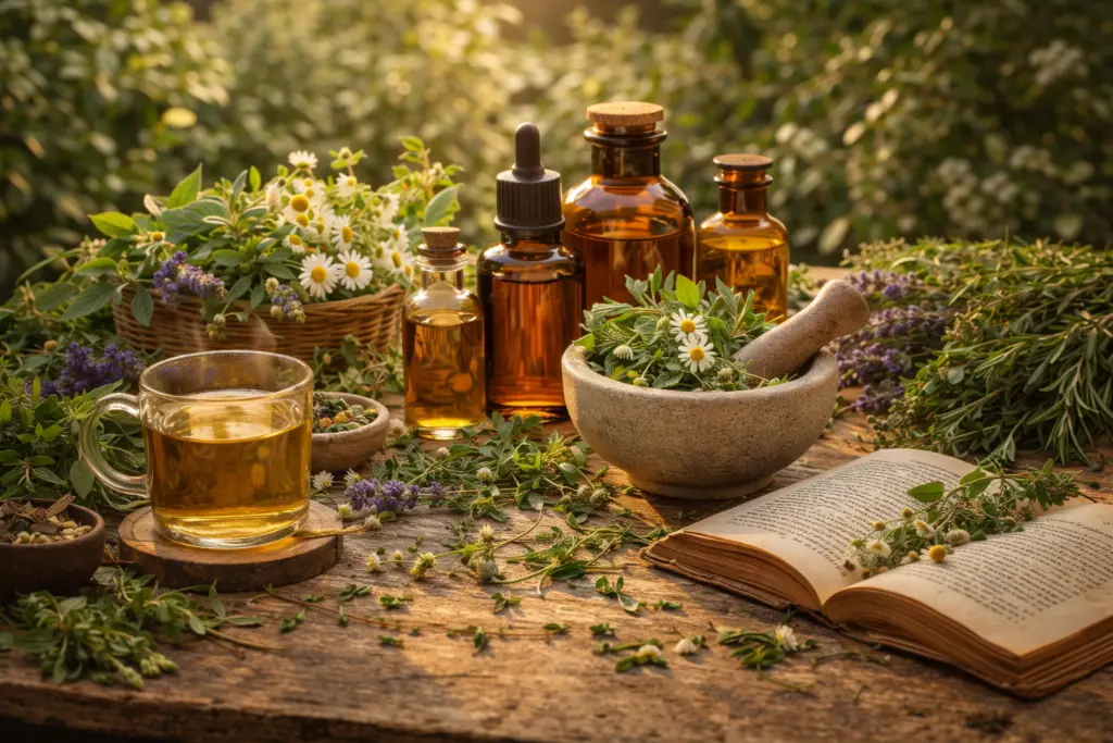chá de ervas com frascos de extratos naturais e plantas frescas sobre mesa ao ar livre