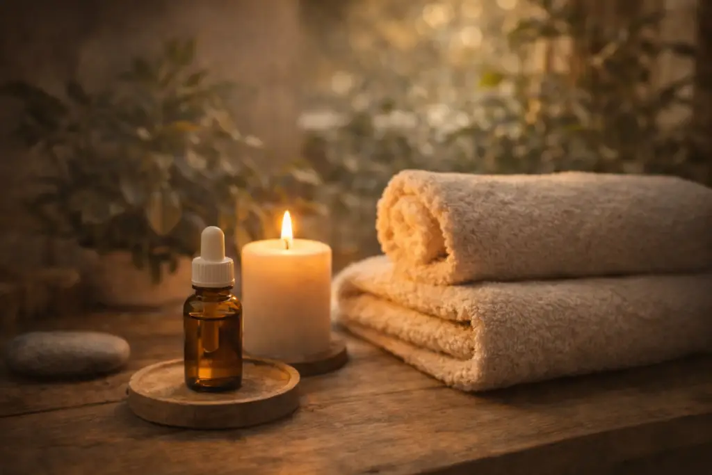 Toalhas dobradas, óleo essencial e vela acesa em ambiente relaxante com iluminação suave