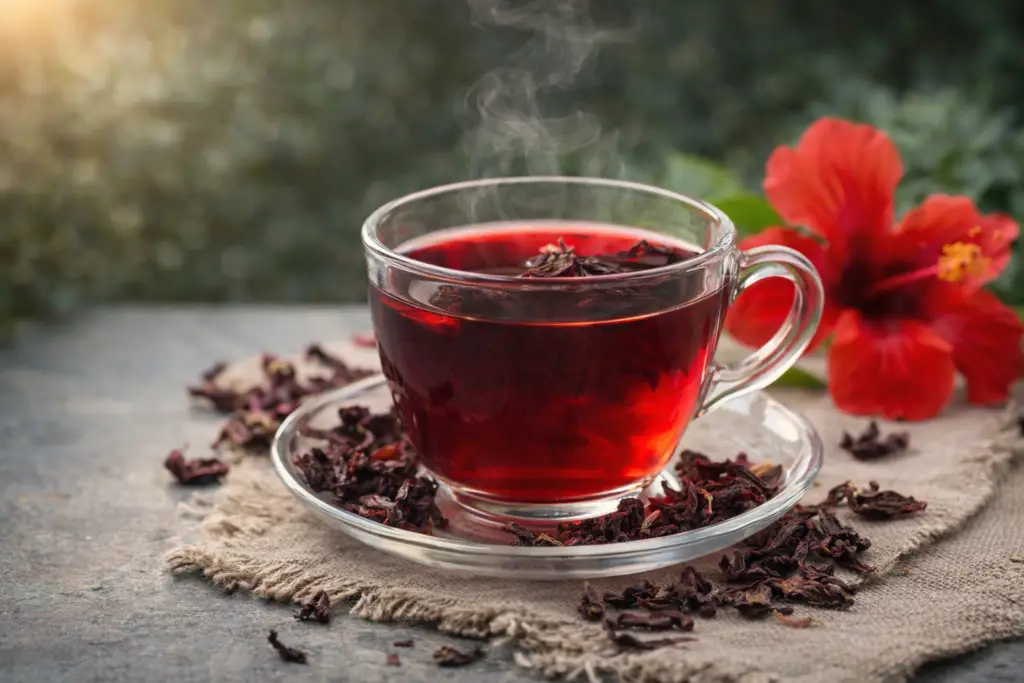 chá de hibisco vermelho em xícara de vidro com vapor