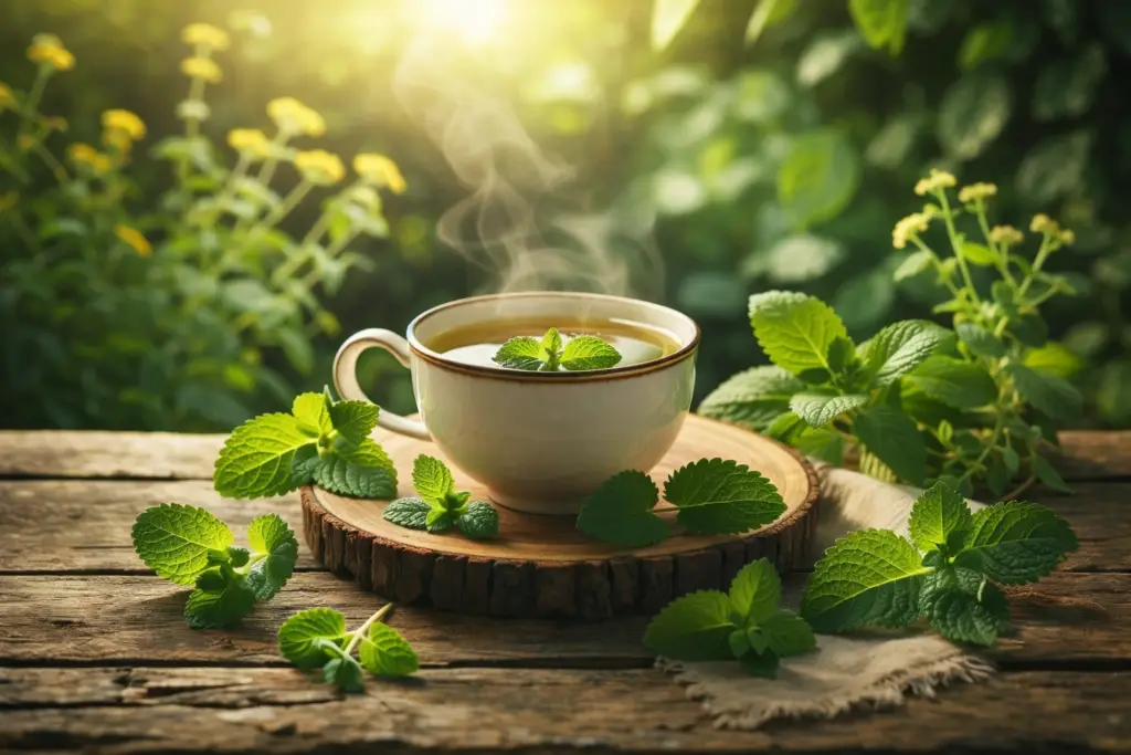 Chá de melissa com folhas frescas em xícara sobre mesa de madeira em ambiente natural