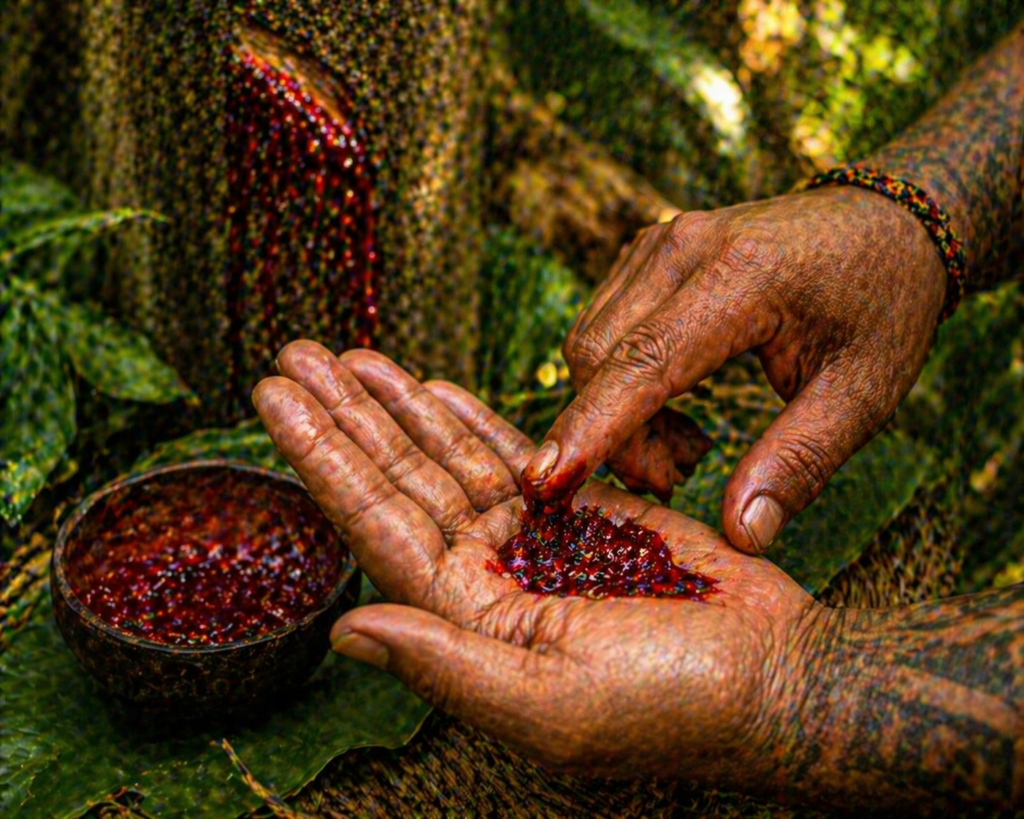 Mãos segurando e aplicando resina vermelha de árvore amazônica em prática tradicional
