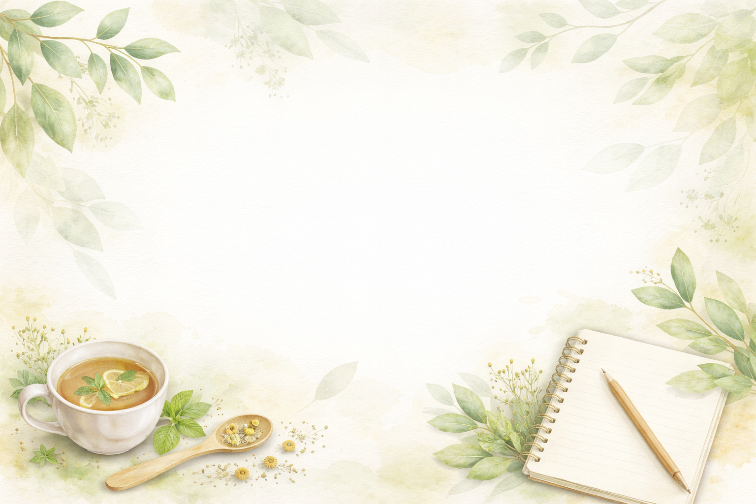 Contato Benverde com fundo aquarela de chá e plantas medicinais