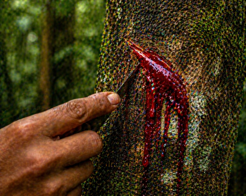 Mão realizando pequeno corte no tronco de árvore amazônica com resina vermelha escorrendo