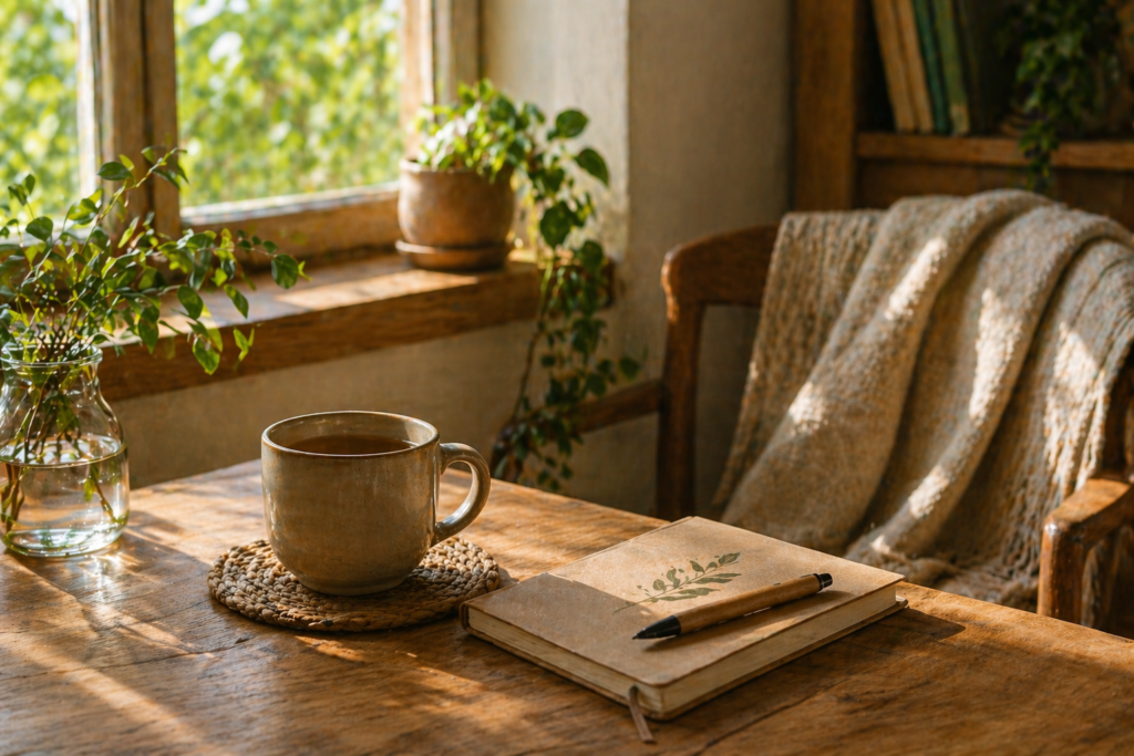 xícara de chá e caderno em ambiente com luz natural e atmosfera tranquila
