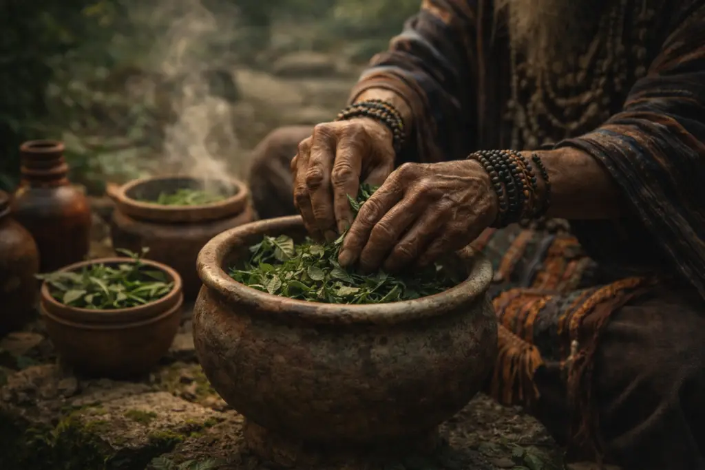 Mãos preparando ervas em recipiente de barro com folhas verdes em ambiente natural
