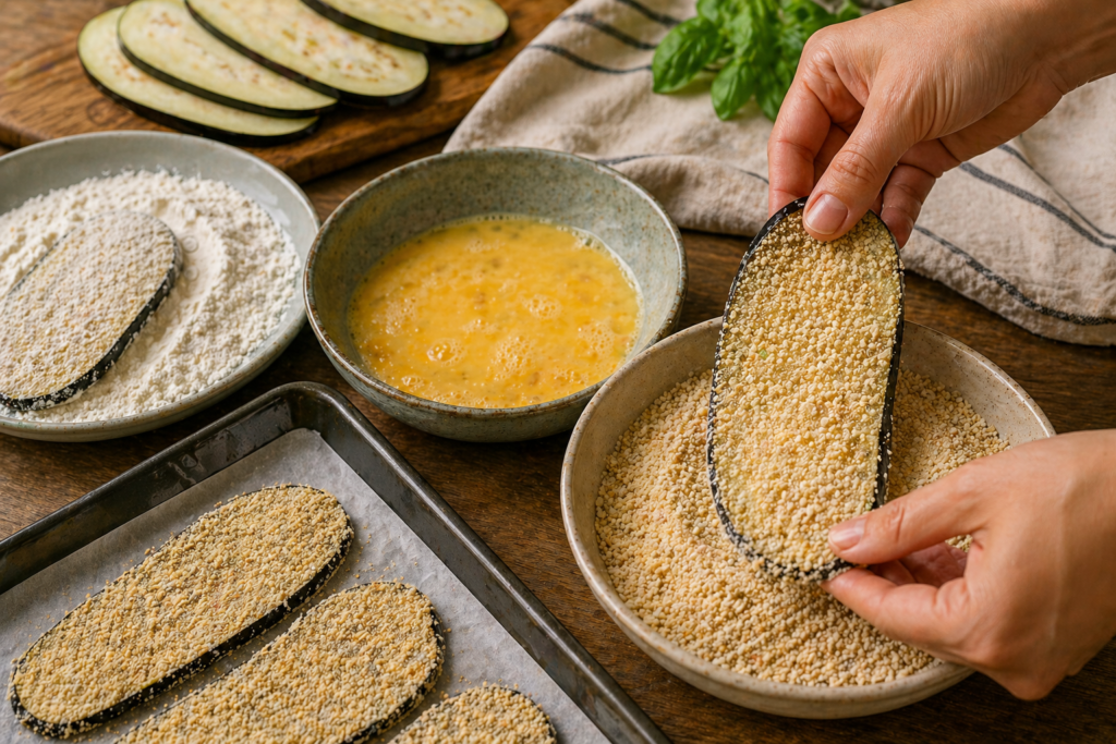 berinjela sendo empanada em ovo e farinha de rosca