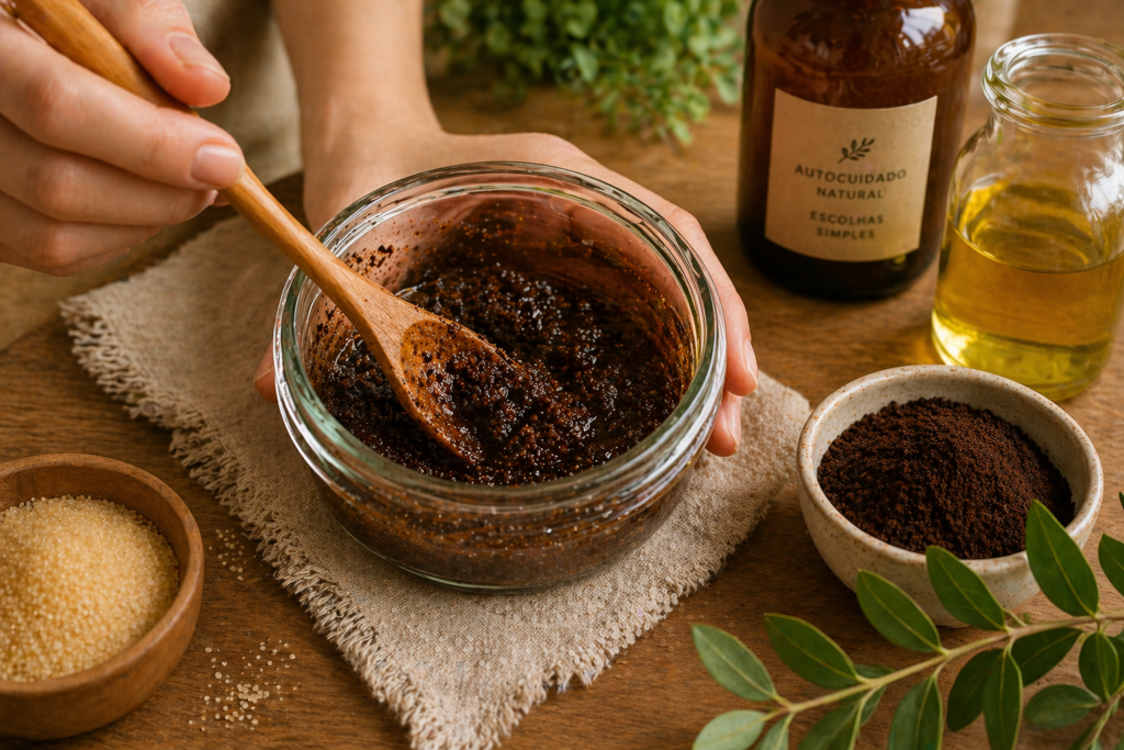 preparo de esfoliante natural com café e óleo vegetal em pote de vidro