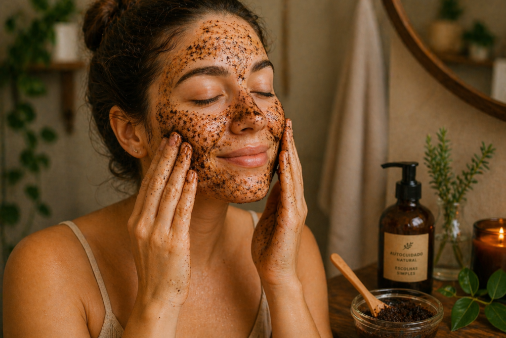 aplicação de esfoliante natural de café no rosto em momento de autocuidado