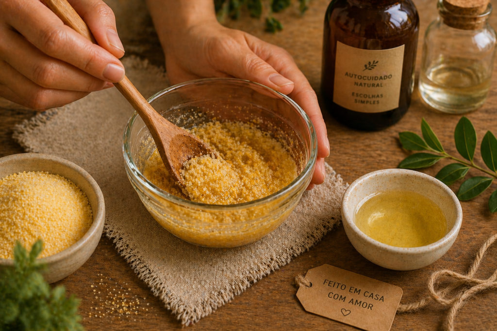 preparo de esfoliante natural com fubá e óleo vegetal em pote de vidro