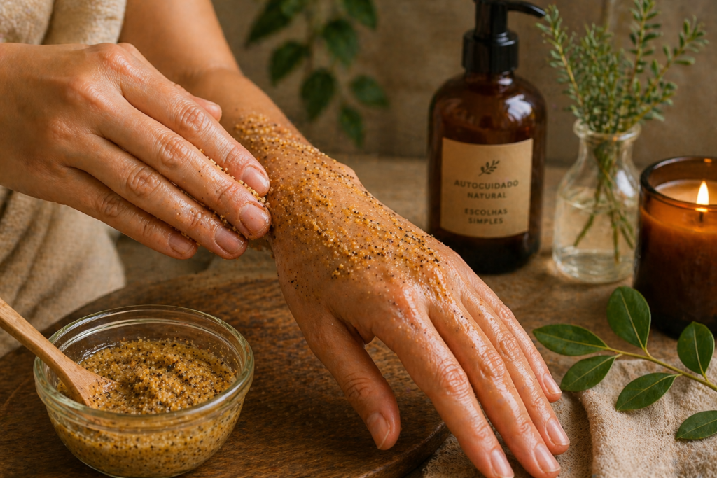 aplicação de esfoliante natural de fubá nas mãos em momento de autocuidado