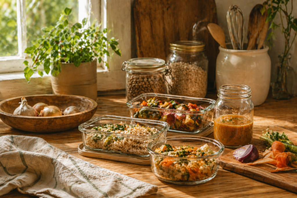 sustentabilidade sem gastar mais: alimentos armazenados em potes de vidro em cozinha com luz natural