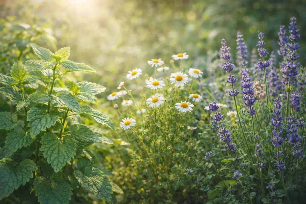 plantas calmantes como camomila lavanda e melissa na natureza