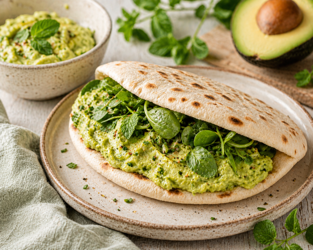 Pão sírio recheado com pasta de abacate cremosa e folhas verdes