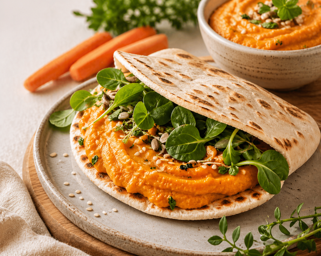 Lanche prático com pão sírio recheado com homus de cenoura e folhas verdes em prato rústico